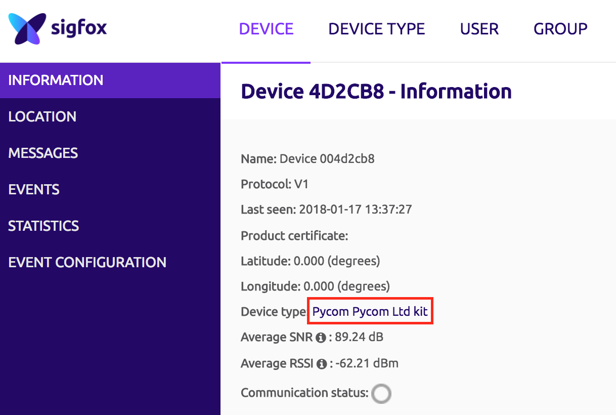 screenshot of sigfox ID